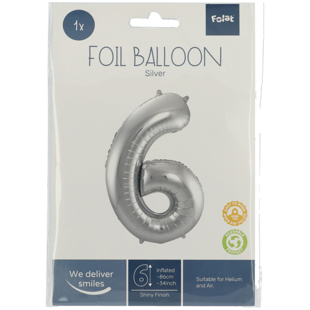 Luftballon Zahl 6 Silber Folie 86cm